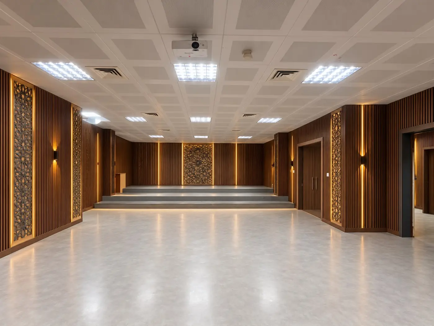 Dikey çıtalı ahşap lambri duvar panel kaplamalı toplantı salonu